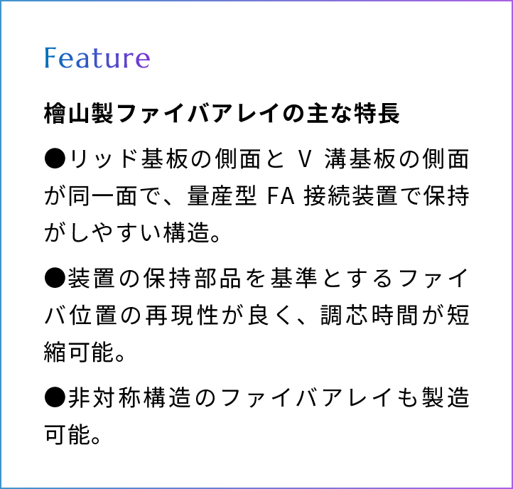 こ檜山製ファイバアレイの主な特長：リッド基板の側面とV溝基板の側面が同一面で、量産型FA接続装置で保持がしやすい構造。装置の保持部品を基準とするファイバ位置の再現性が良く、調芯時間が短縮可能。非対称構造のファイバアレイも製造可能。