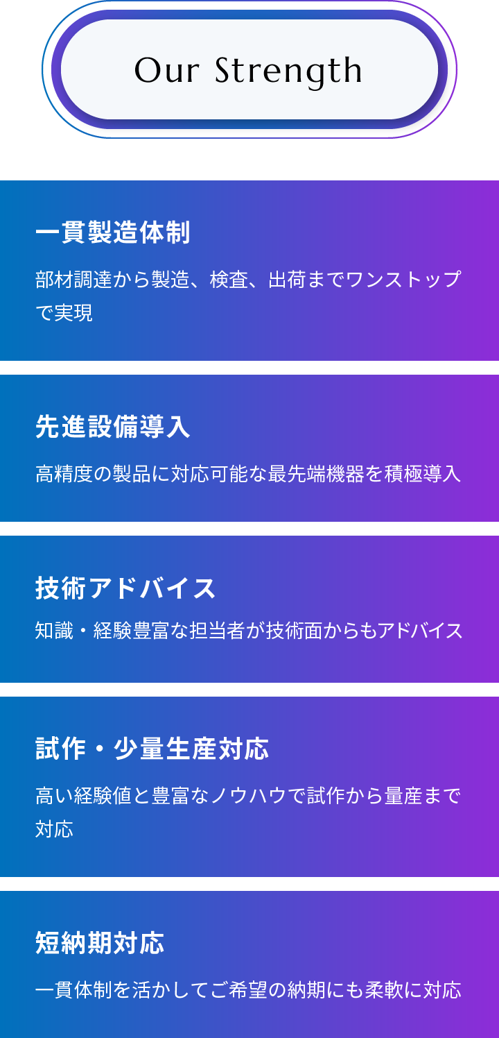 一貫製造体制：部材調達から製造、検査、出荷までワンストップで実現、短納期対応：一貫体制を活かしてご希望の納期にも柔軟に対応、先進設備導入：高精度の製品に対応可能な最先端機器を積極導入、試作・少量生産対応：高い経験値と豊富なノウハウで試作から量産まで対応、技術アドバイス：知識・経験豊富な担当者が技術面からもアドバイス